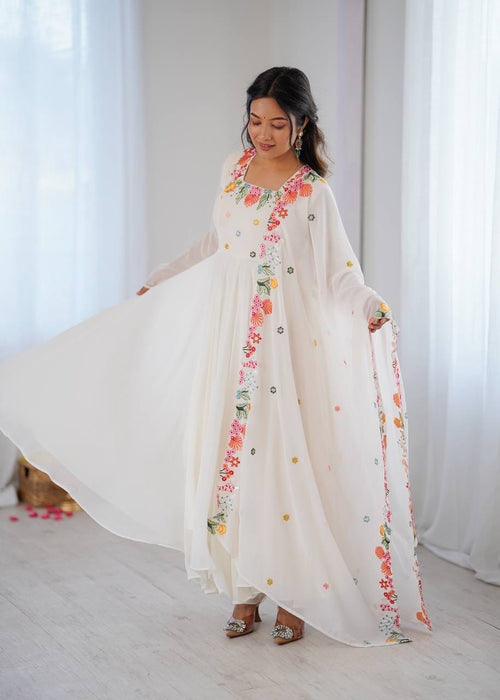 Presenting New Designer Collection In Faux Georgette With Embroidery Work Gown And Dupatta Set Fully Stitched Ready To Wear