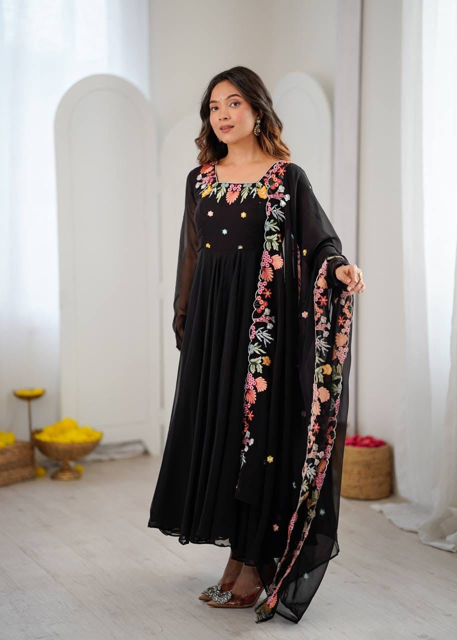 Presenting New Designer Collection In Faux Georgette With Embroidery Work Gown And Dupatta Set Fully Stitched Ready To Wear