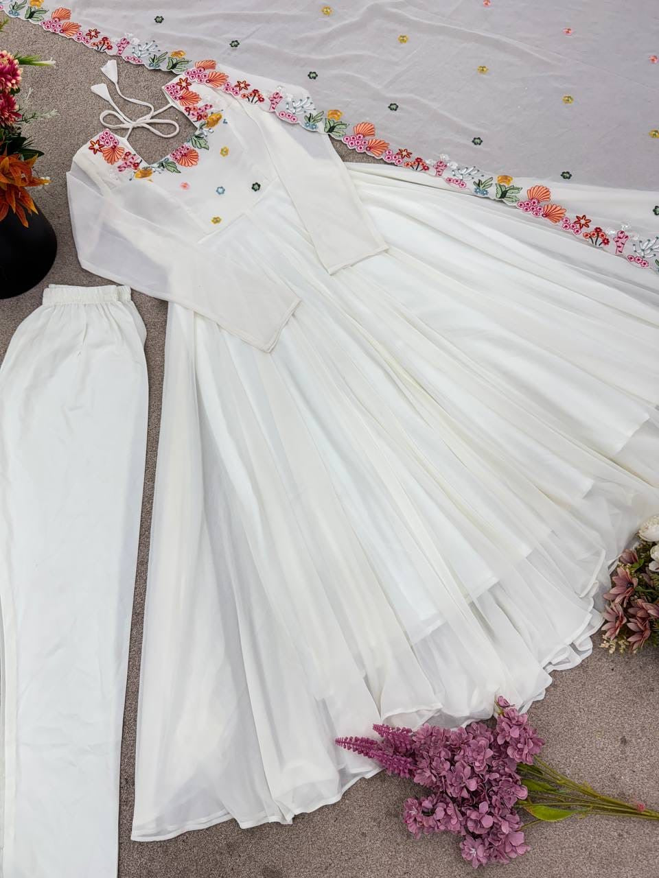 Presenting New Designer Collection In Faux Georgette With Embroidery Work Gown And Dupatta Set Fully Stitched Ready To Wear