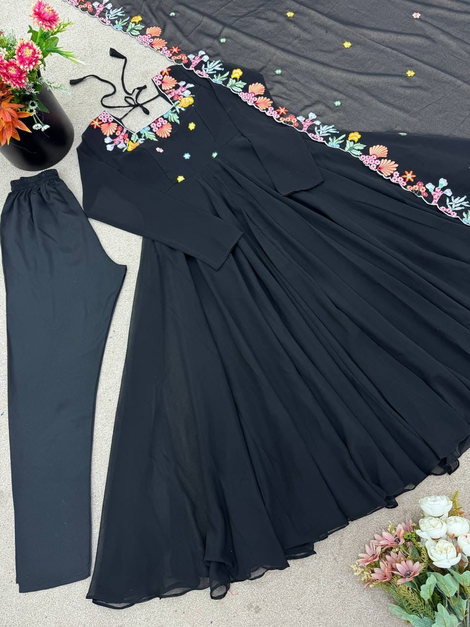 Presenting New Designer Collection In Faux Georgette With Embroidery Work Gown And Dupatta Set Fully Stitched Ready To Wear