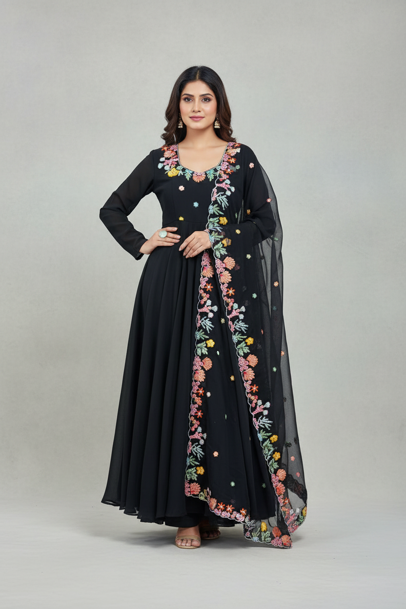 Presenting New Designer Collection In Faux Georgette With Embroidery Work Gown And Dupatta Set Fully Stitched Ready To Wear